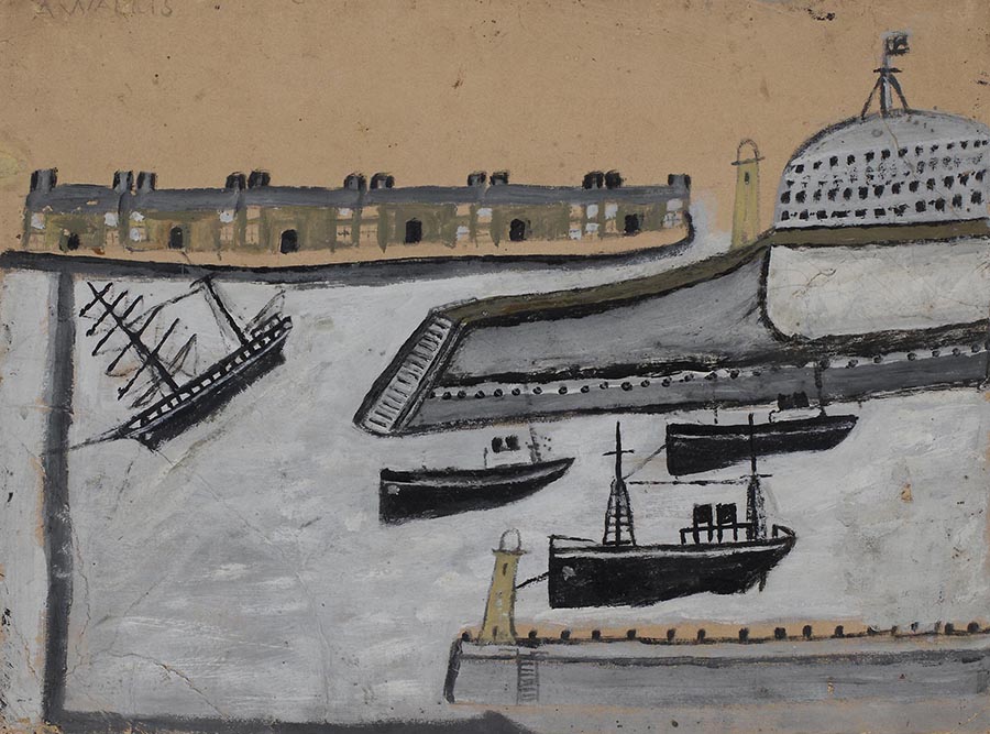 LOT 11 | § ALFRED WALLIS (BRITISH 1855-1942) | PLYMOUTH signed in pencil (upper left), oil and chalk on card | 26.5cm x 35.5cm (10.5in x 14in) | £20,000 - £30,000 + fees